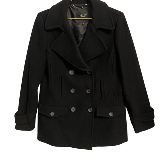 Talbots Black Wool Blend Double Breasted Pea Coat Jacket Womens 10 - Picture 2 of 6